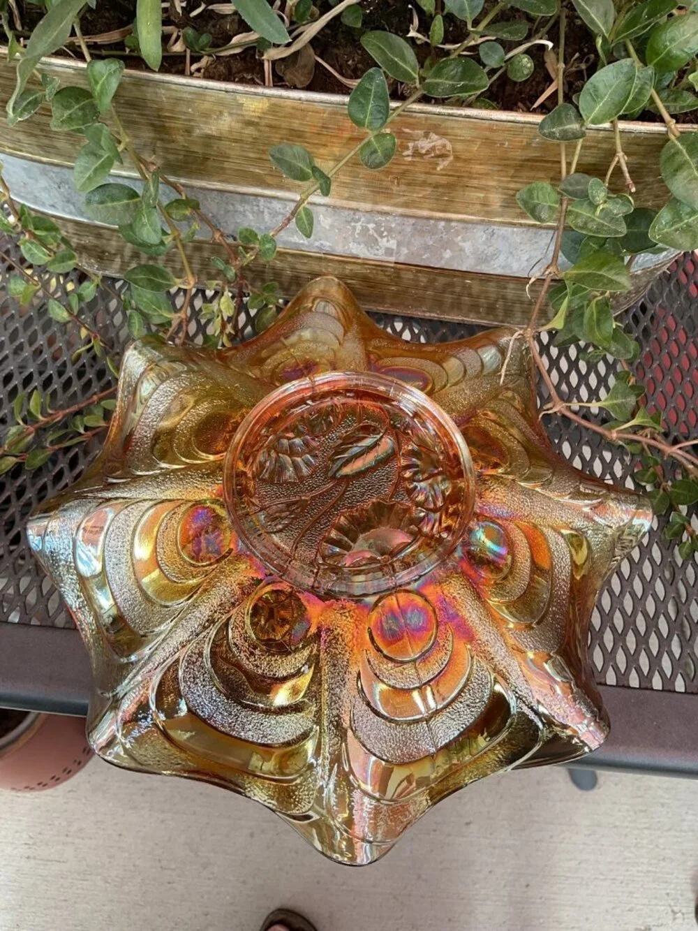 Vintage Fenton Orange Tree Marigold Carnival Ruffeled Bowl Iridescent Gold